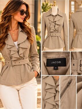 Jacob Taupe Ruffle-Front Belted Trench Coat M